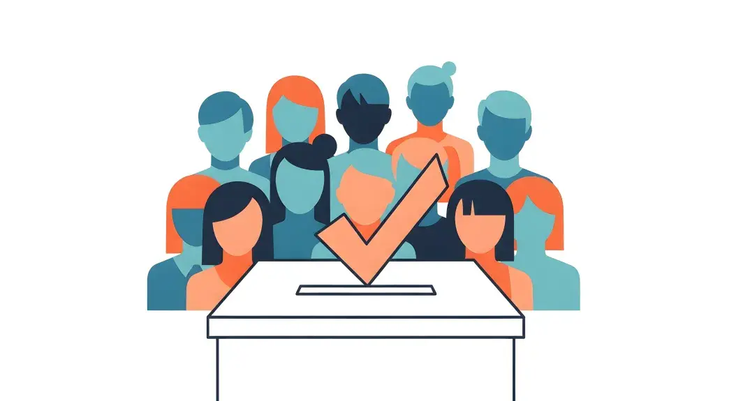 Illustration stylisée d’un groupe de personnes rassemblées derrière une urne de vote, avec un symbole de validation représentant un bulletin déposé, évoquant la participation collective à une élection.